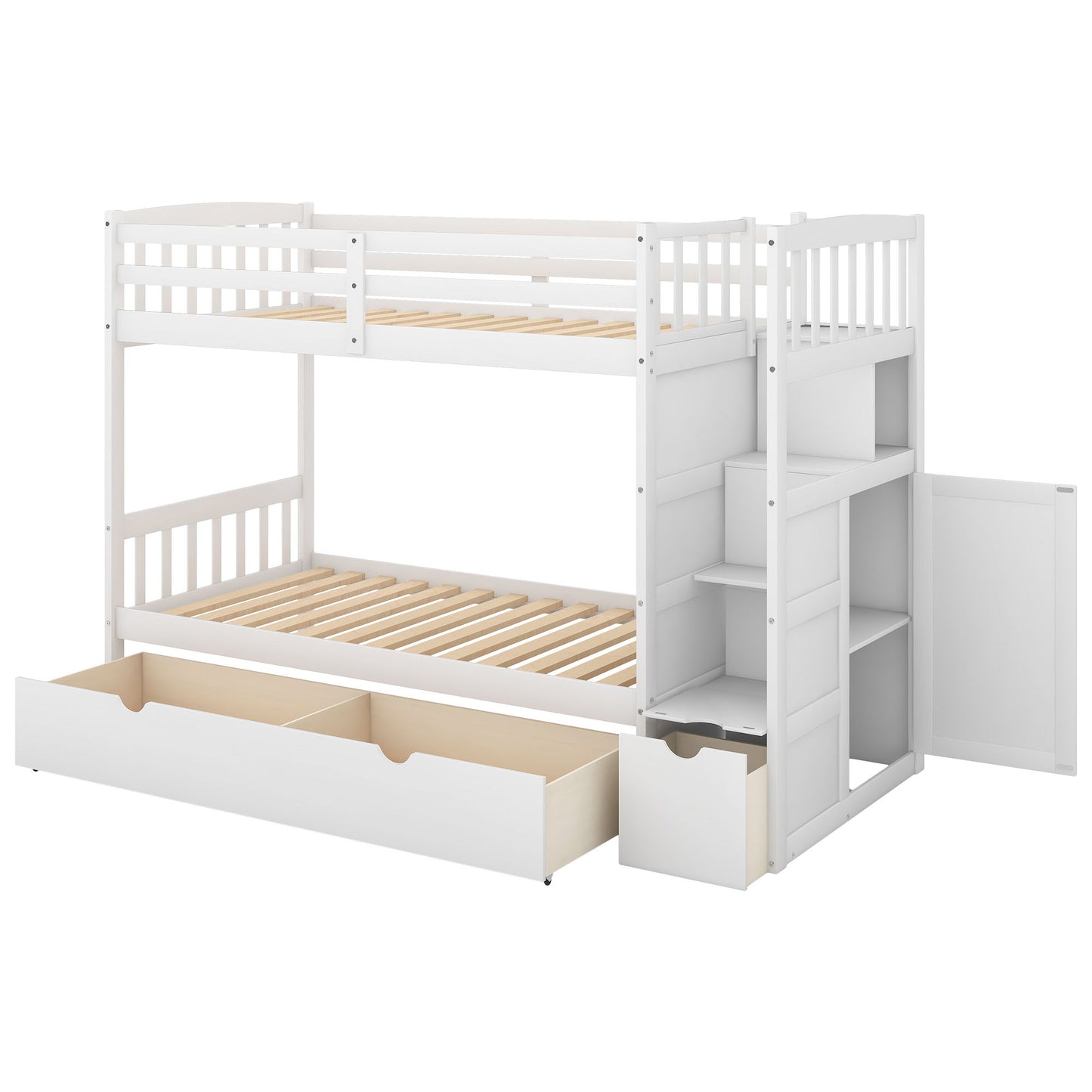 Twin Over Full / Twin Bunk Bed, Convertible Bottom Bed, Storage Shelves And Drawers - White