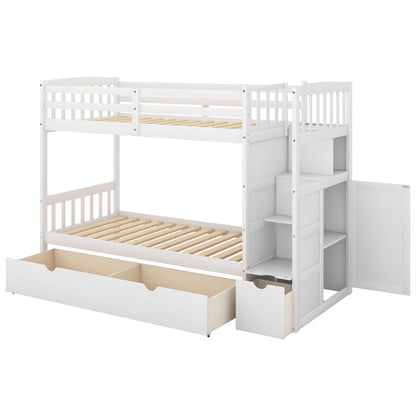 Twin Over Full / Twin Bunk Bed, Convertible Bottom Bed, Storage Shelves And Drawers - White