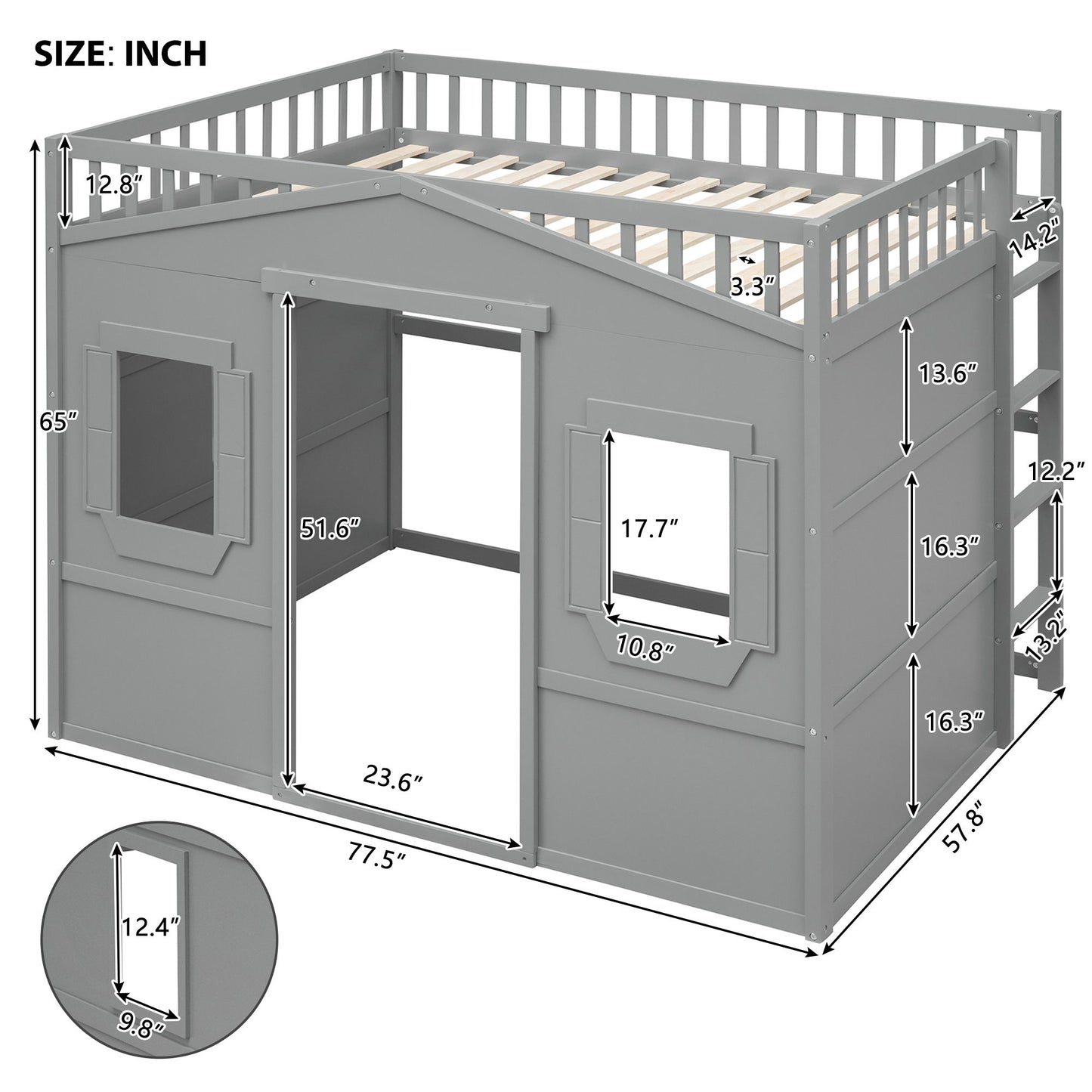 Full Size House Loft Bed With Ladder - Gray