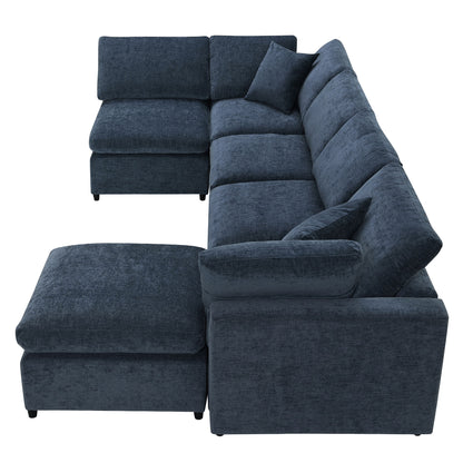 Modern Modular Cloud Sofa Bed, 6 Seat Chenille Sectional Couch Set With Ottoman, Free Combination, Convertible U Shaped Sleeper Sofa - Dark Blue