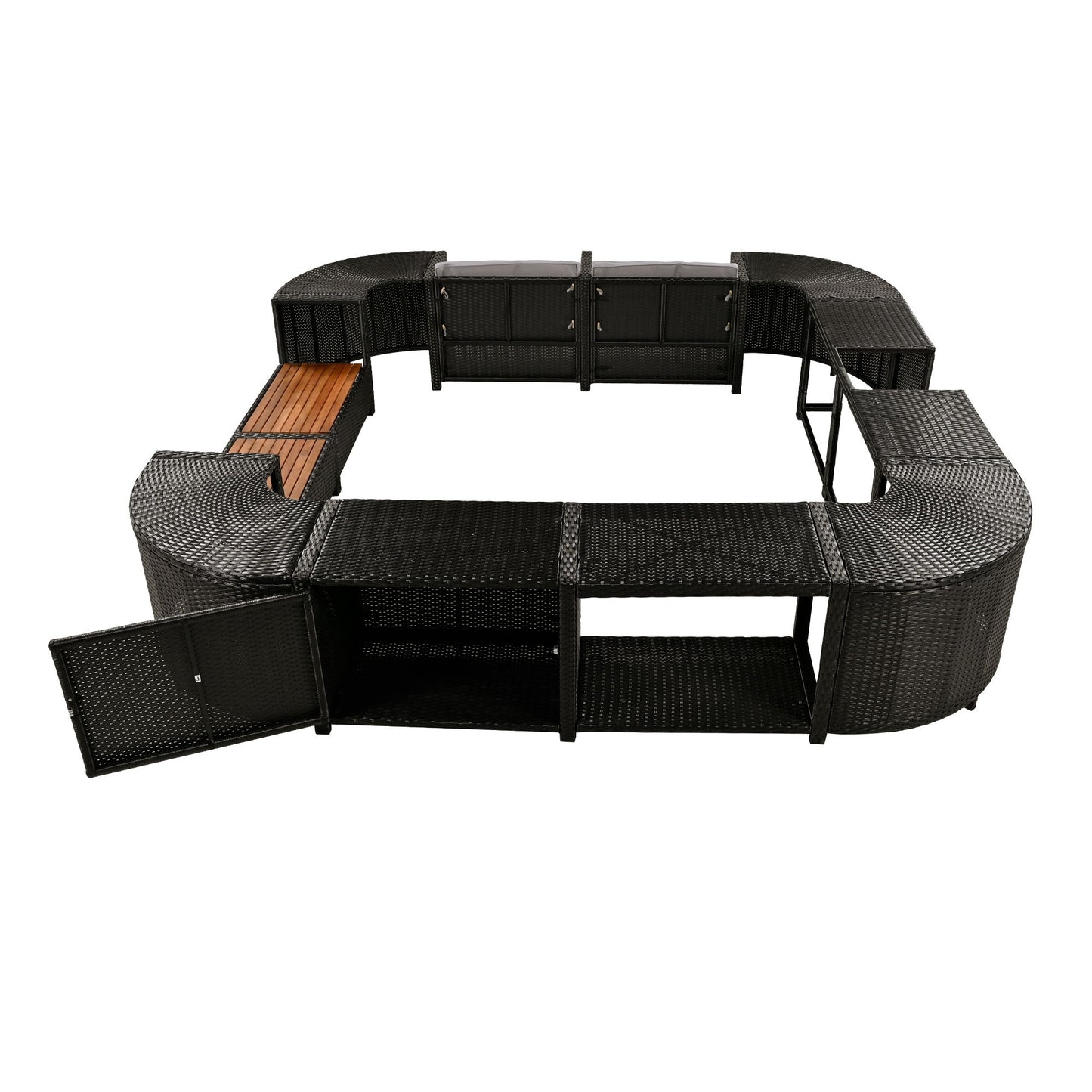 Spa Surround Spa Frame Quadrilateral Outdoor Rattan Sectional Sofa Set With Mini Sofa, Wooden Seats And Storage Spaces - Gray