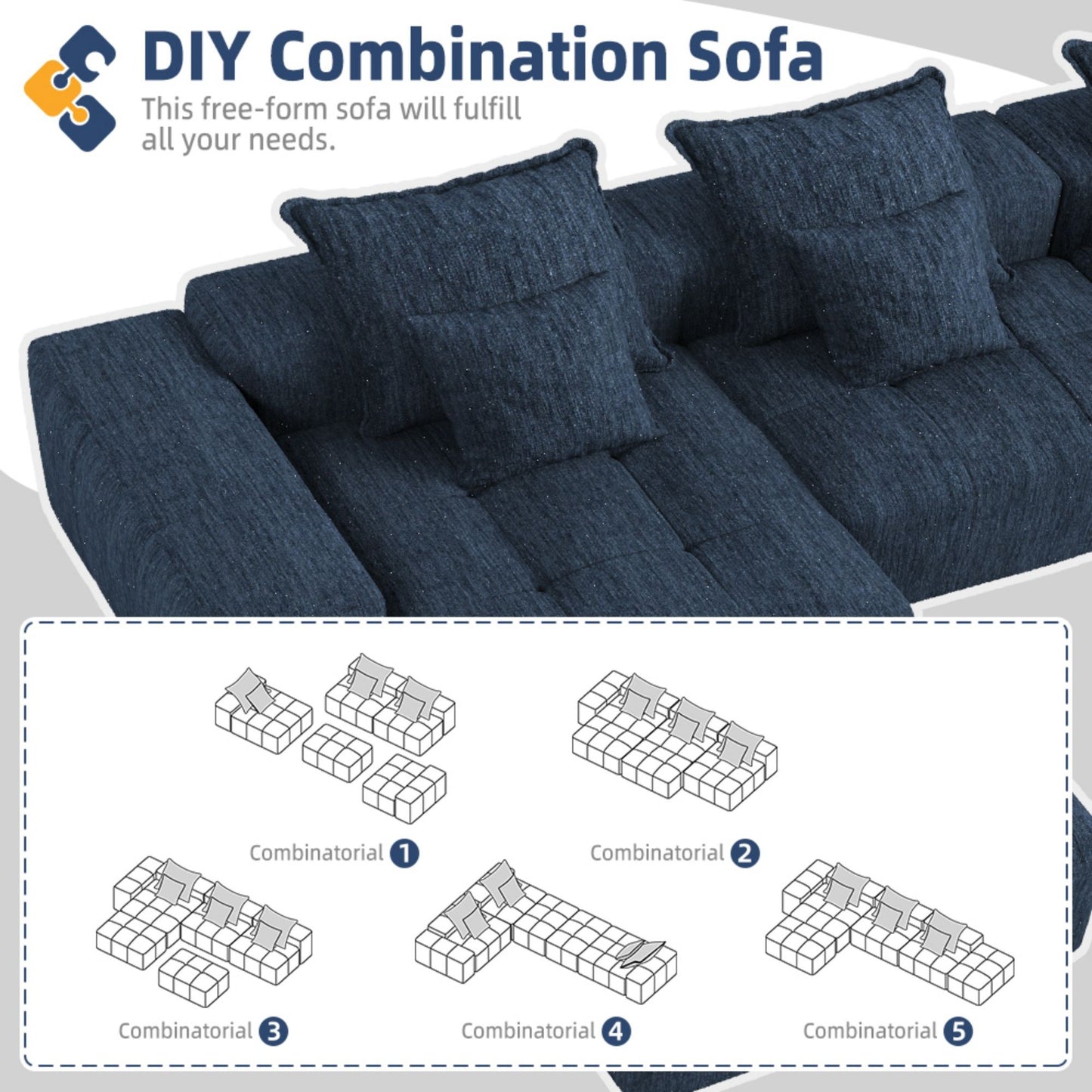 Modern Oversized Modular Sectional Sofa, Sparkling Chenille Fabric Soft Cushion Sofa With 6 Pillows, 6 Pieces Diy Combination Tufted Sofa, No Assembly Required - Blue