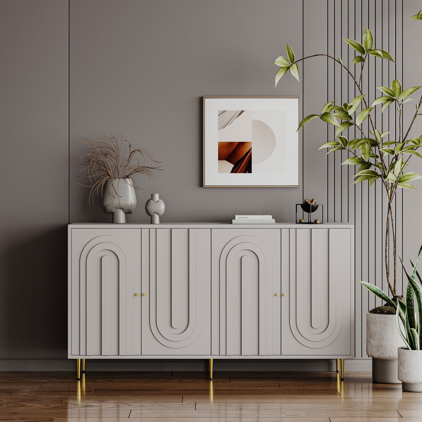 Modern Lacquered 4 Door Wooden Cabinet Sideboard Buffet Server Cabinet Storage Cabinet, For Living Room, Entryway, Hallway, Office, Kitchen And Dining Room - Gray
