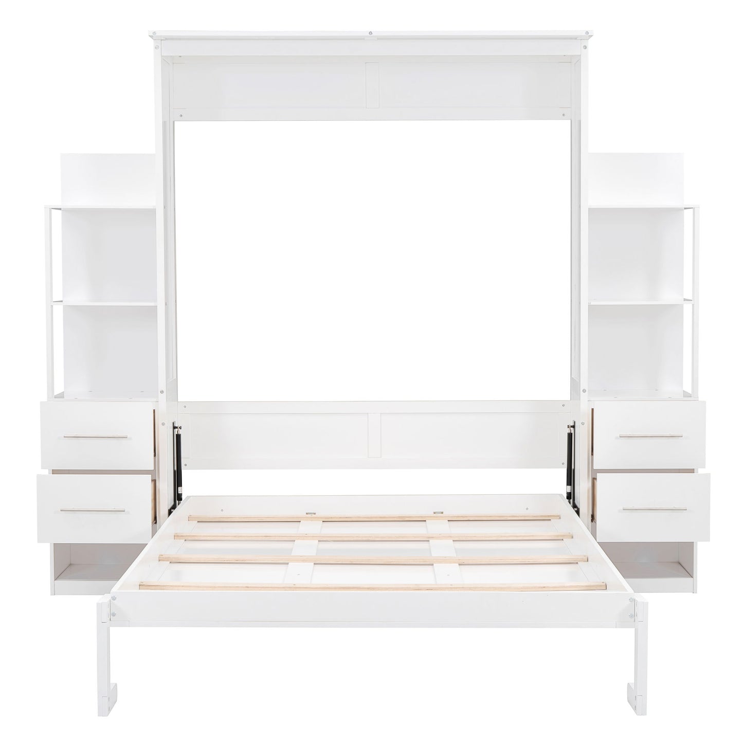 Queen Size Murphy Wall Bed With Shelves, Drawers And LED Lights - White