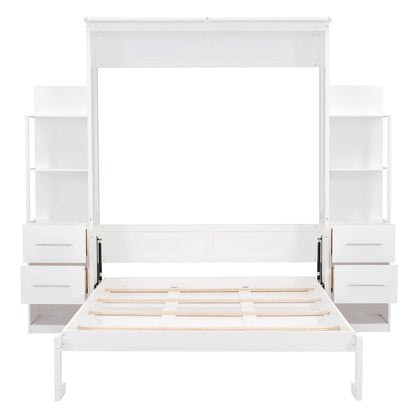 Queen Size Murphy Wall Bed With Shelves, Drawers And LED Lights - White