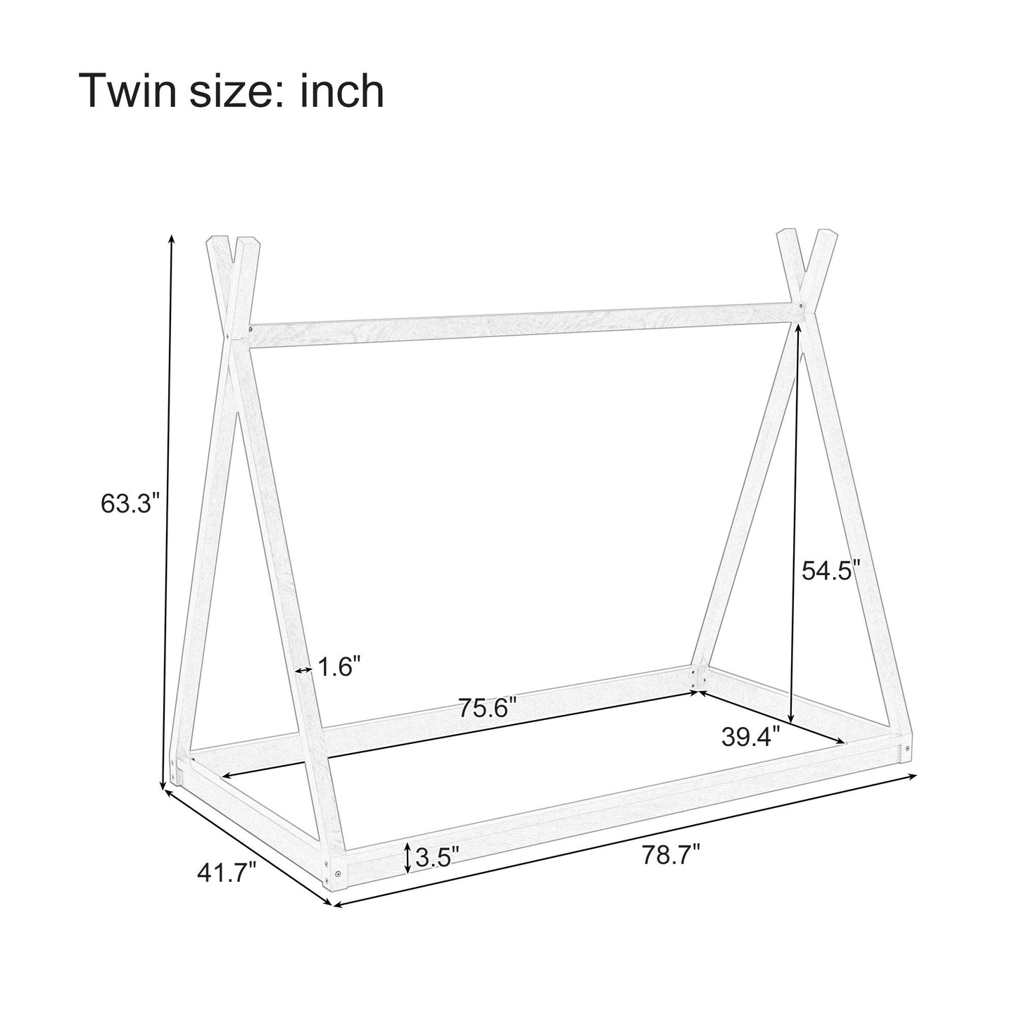 Wood Twin Size Tent Bed For Kids, Montessori Style Low - Floor Bed, House-Shape Tent Bed Frame For Boys Girls Teens, Without Slats - White