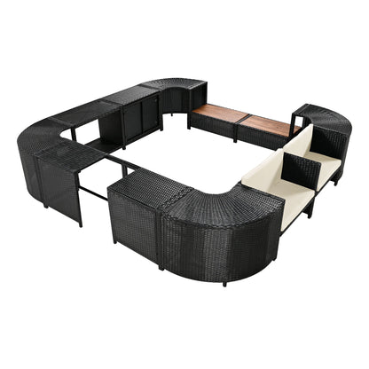 Spa Surround Spa Frame Quadrilateral Outdoor Rattan Sectional Sofa Set With Mini Sofa, Wooden Seats And Storage Spaces - Beige