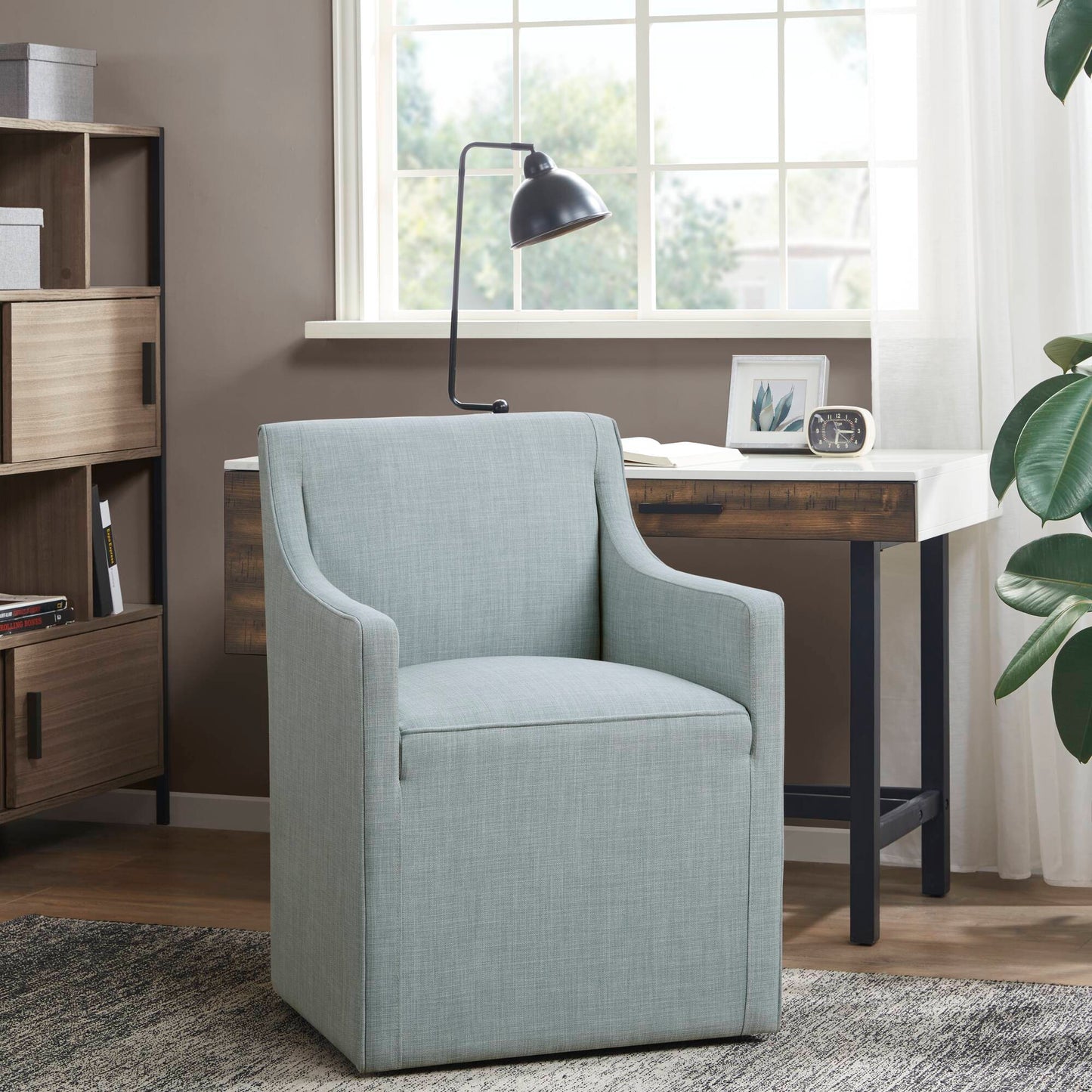 Upholstered Dining Arm Chair With Casters Woven - Light Gray Blue
