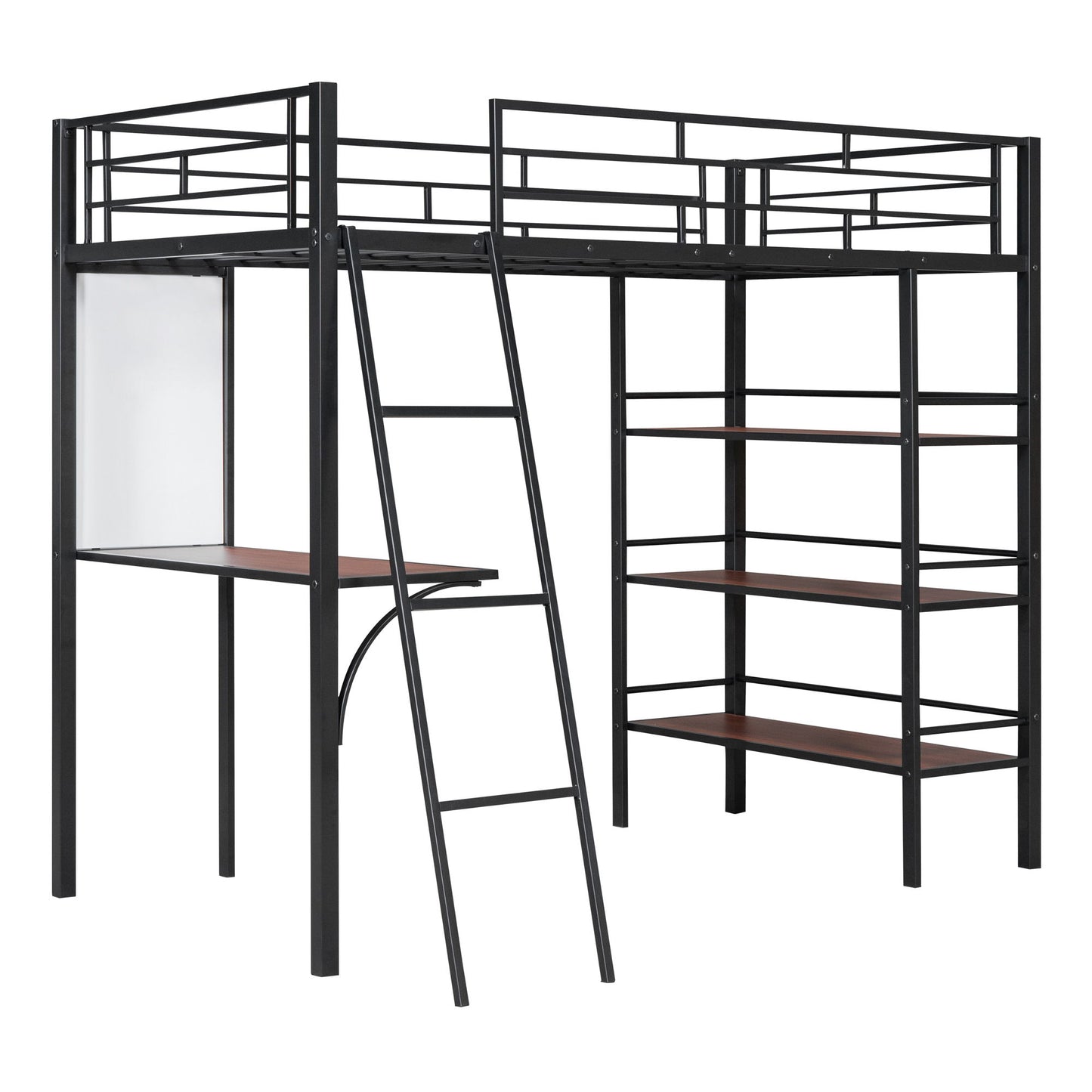 Twin Size Loft Bed With 3 Layers Of Shelves And Desk, Stylish Frame Bed - Black