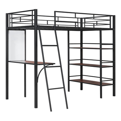 Twin Size Loft Bed With 3 Layers Of Shelves And Desk, Stylish Frame Bed - Black
