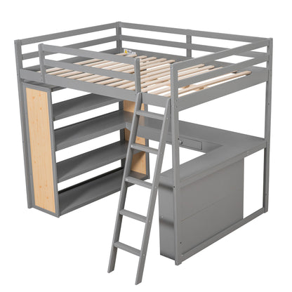 Full Size Loft Bed With Ladder, Shelves, And Desk - Gray