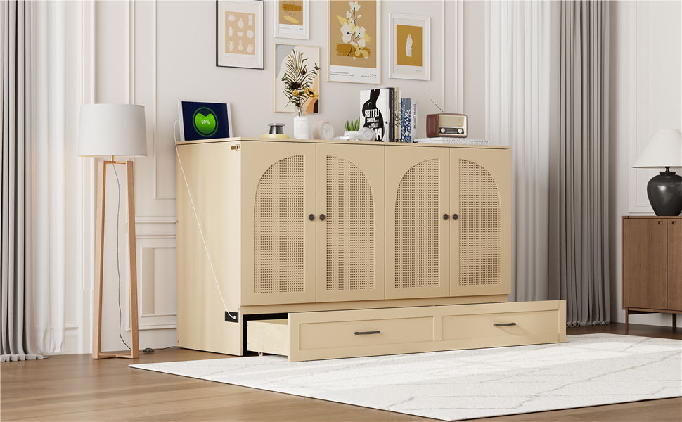 Queen Size Murphy Bed With Large Drawers, Gold