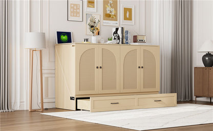 Queen Size Murphy Bed With Large Drawers, Gold