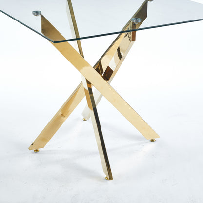 Dining Table With Cross Metal Leg And Tempered Glass, Modern Space Saving Kitchen Table For Living Room, Chrome Legs, Square Table - Golden
