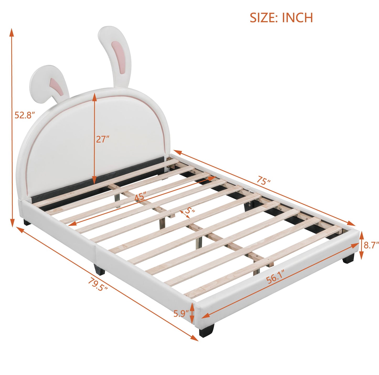 Full Size Upholstered Leather Platform Bed With Rabbit Ornament - White