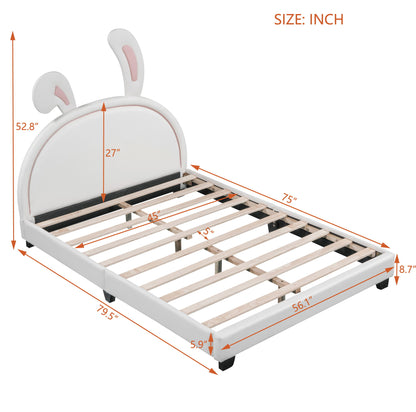 Full Size Upholstered Leather Platform Bed With Rabbit Ornament - White