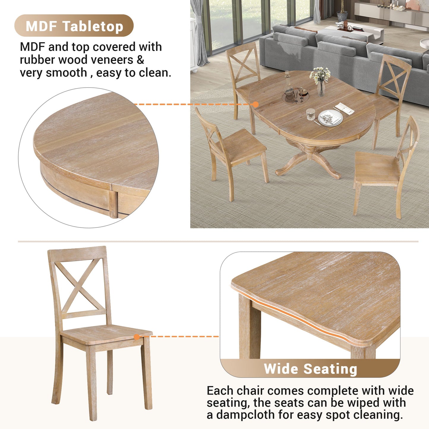 Modern Dining Table Set For 4, Round Table And 4 Kitchen Room Chairs, 5 Piece Kitchen Table Set For Dining Room, Dinette, Breakfast Nook - Natural Wood Wash