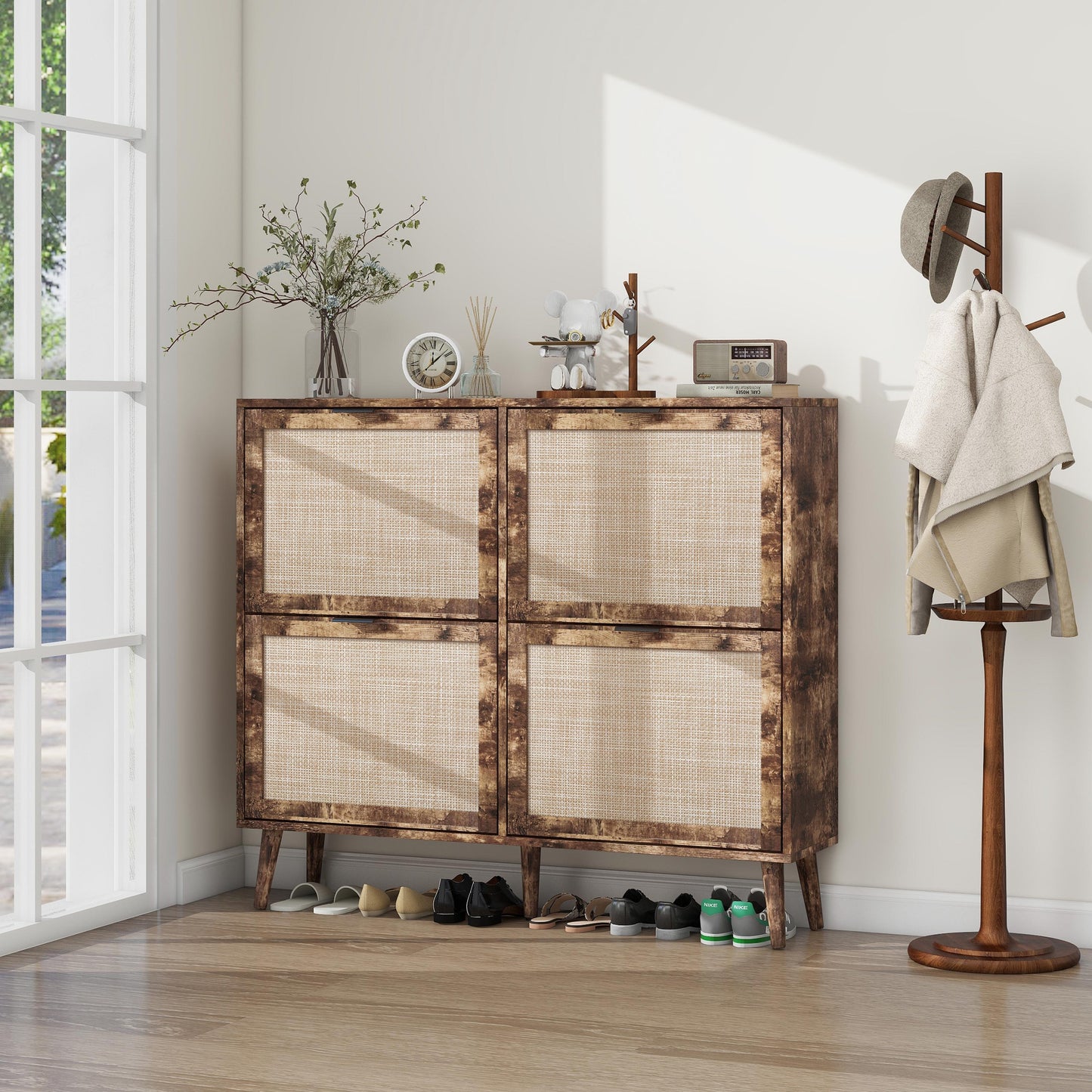 4 Door Shoe Rack, Freestanding Modern Shoe Storage Cabinet, For Entryway - Burly Wood