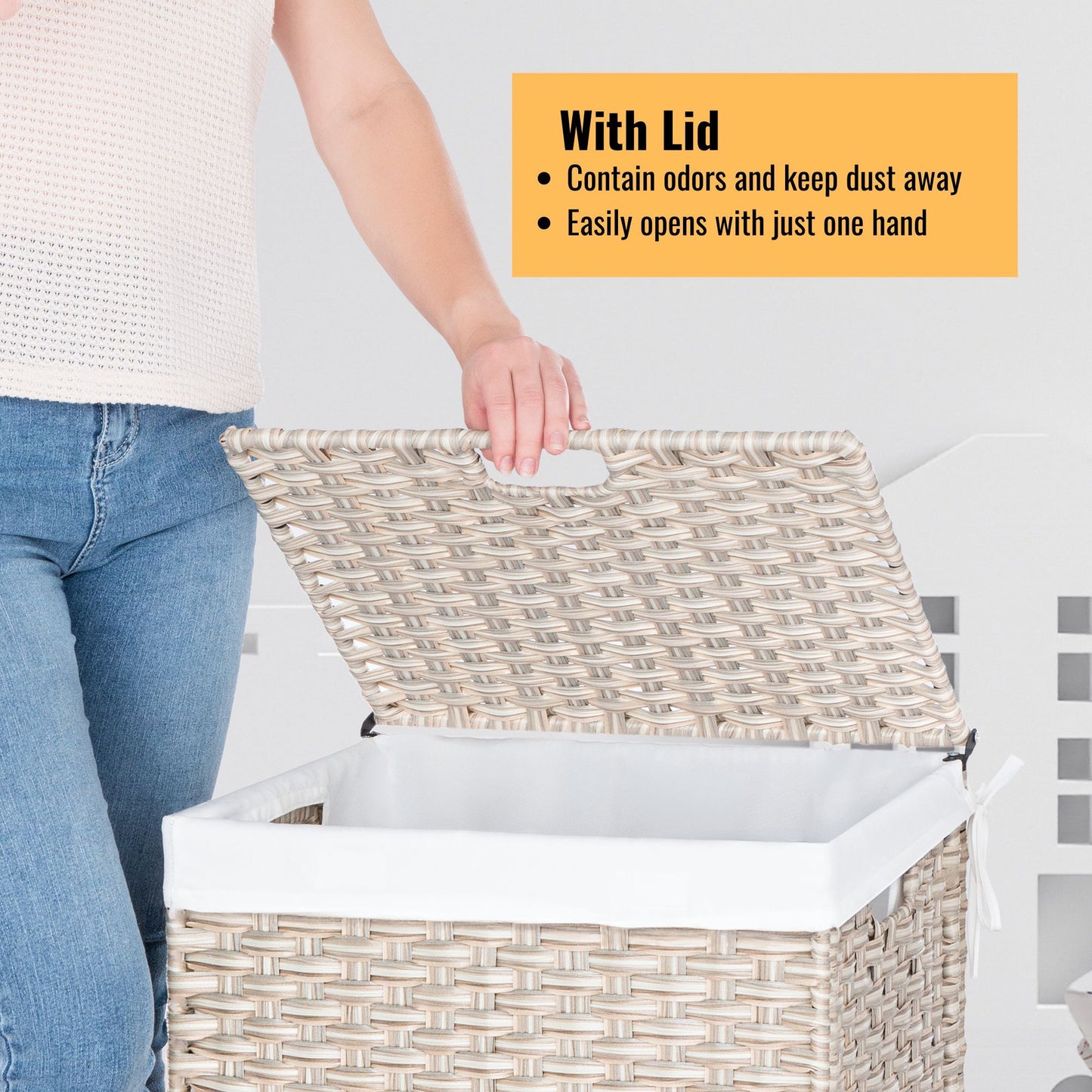 Laundry Hamper With Lid PE Rattan Powder Coating Frame Clothes Hampers With 2 Removable Bags, 100L - Gray