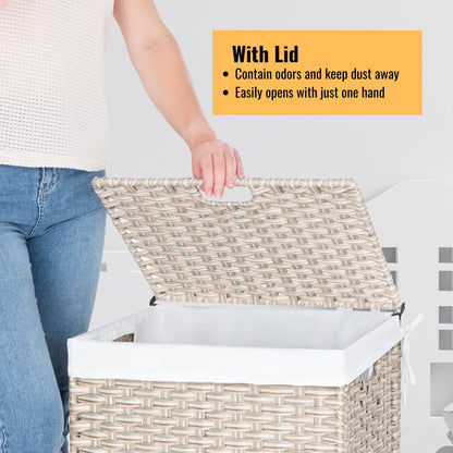 Laundry Hamper With Lid PE Rattan Powder Coating Frame Clothes Hampers With 2 Removable Bags, 100L - Gray