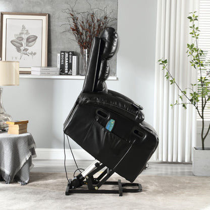 Large Size Electric Power Lift Recliner Chair Sofa, 8 Point Vibration Massage And Lumber Heat, Remote Control, Side Pockets And Cup Holders - Black