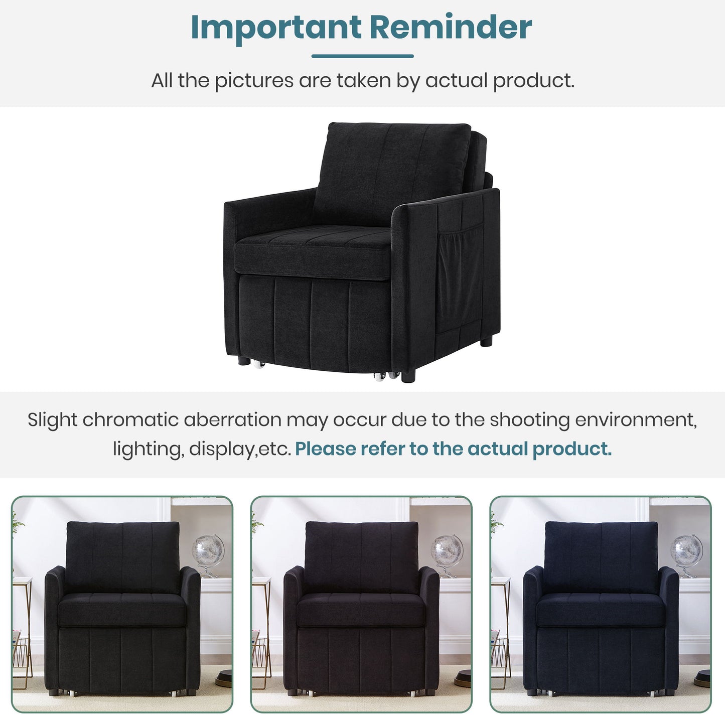 Upholstered Convertible Sleeper Sofa With 5 Position Backrest, Side Pockets, Storage - Black