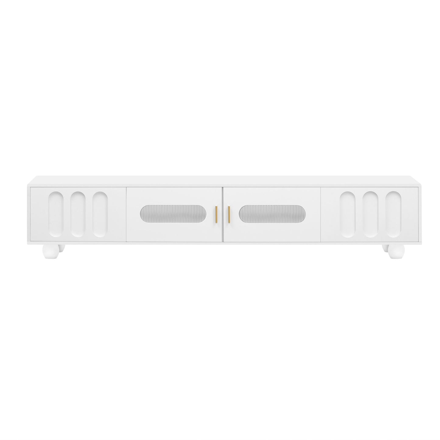 Modern TV Stand For TVs Up To 80", Entertainment Center With Glass Door, 2 Drawers And Cabinets, Wood TV Storage Cabinet With Solid Wood Legs And Metal Handles For Living Room - White