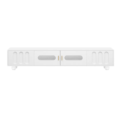 Modern TV Stand For TVs Up To 80", Entertainment Center With Glass Door, 2 Drawers And Cabinets, Wood TV Storage Cabinet With Solid Wood Legs And Metal Handles For Living Room - White