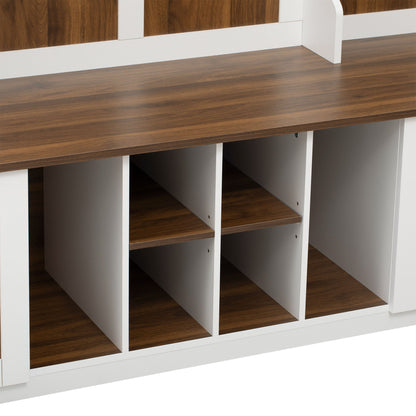 5 In 1 Entryway Bench With Coat Rack, 7 Sturdy Hooks, 2 Spacious Drawers And Adjustable Shelves, Wide Hall Tree With Metal Handles For Hallway - Brown / White