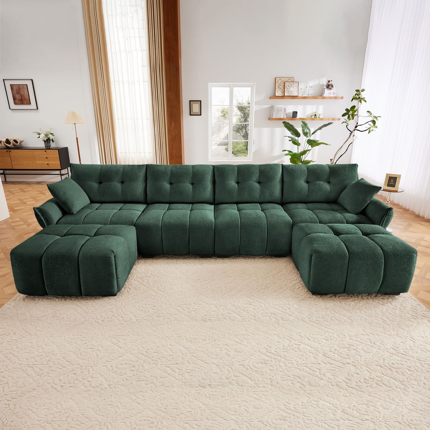 Modern Style 4 Seater Sofa Set With 2 Ottomans Frame - Premium Green