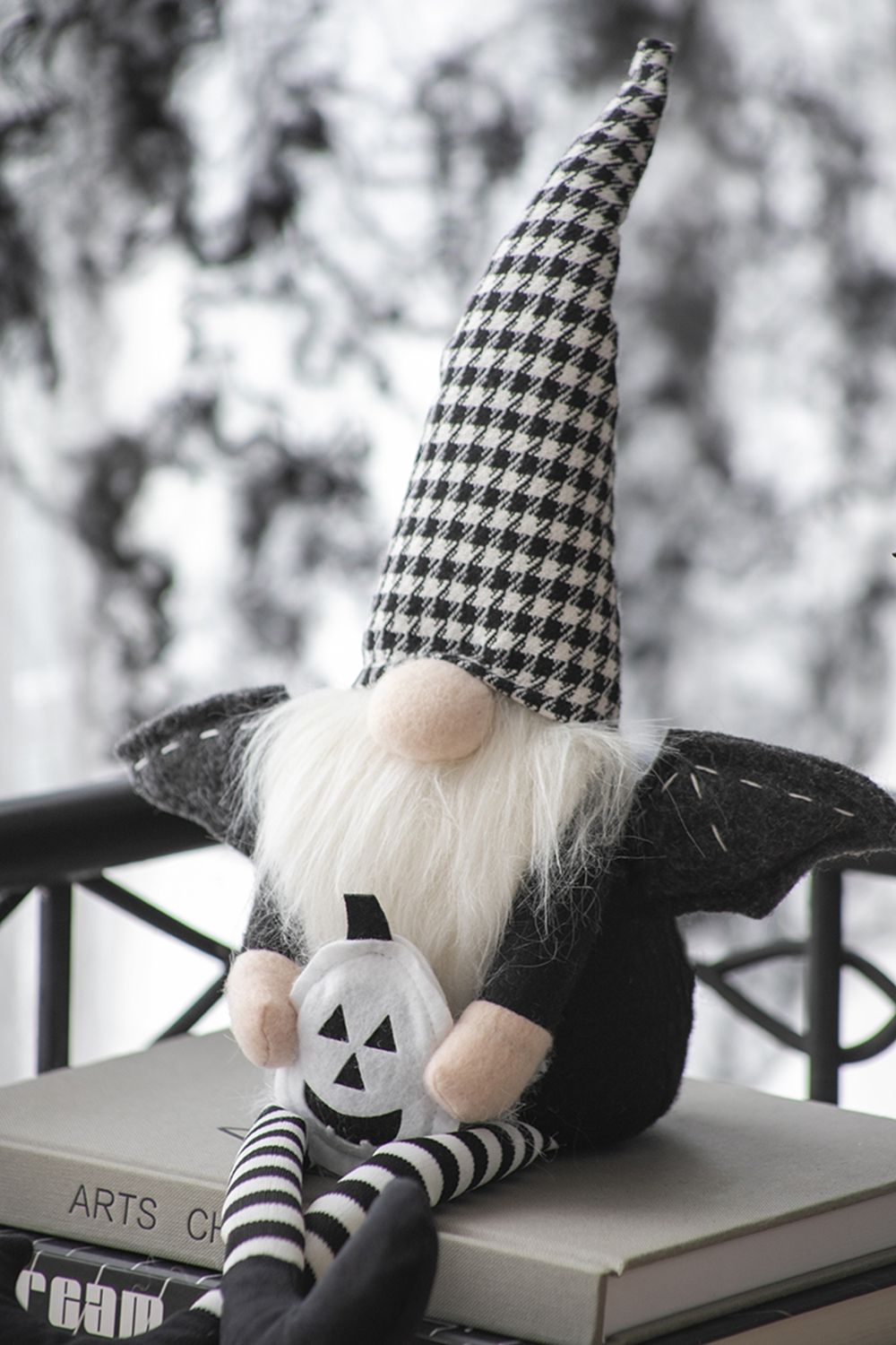 Sitting Gnome With Wings & Plaid Hat, For Halloween Decor - Black White