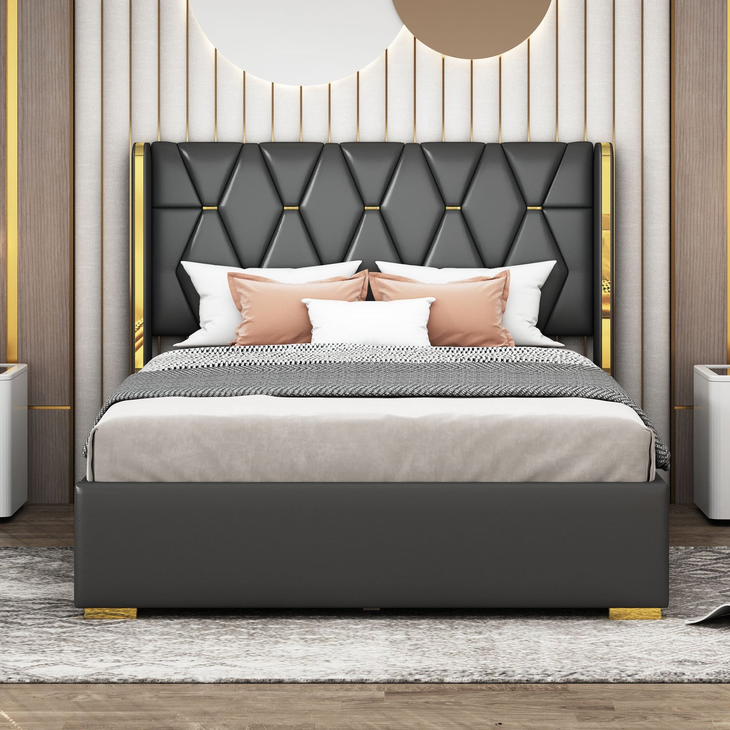 Full Size Upholstered Platform Bed With Strips - Black