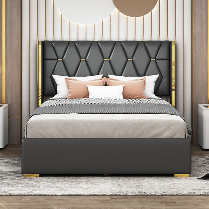 Full Size Upholstered Platform Bed With Strips - Black