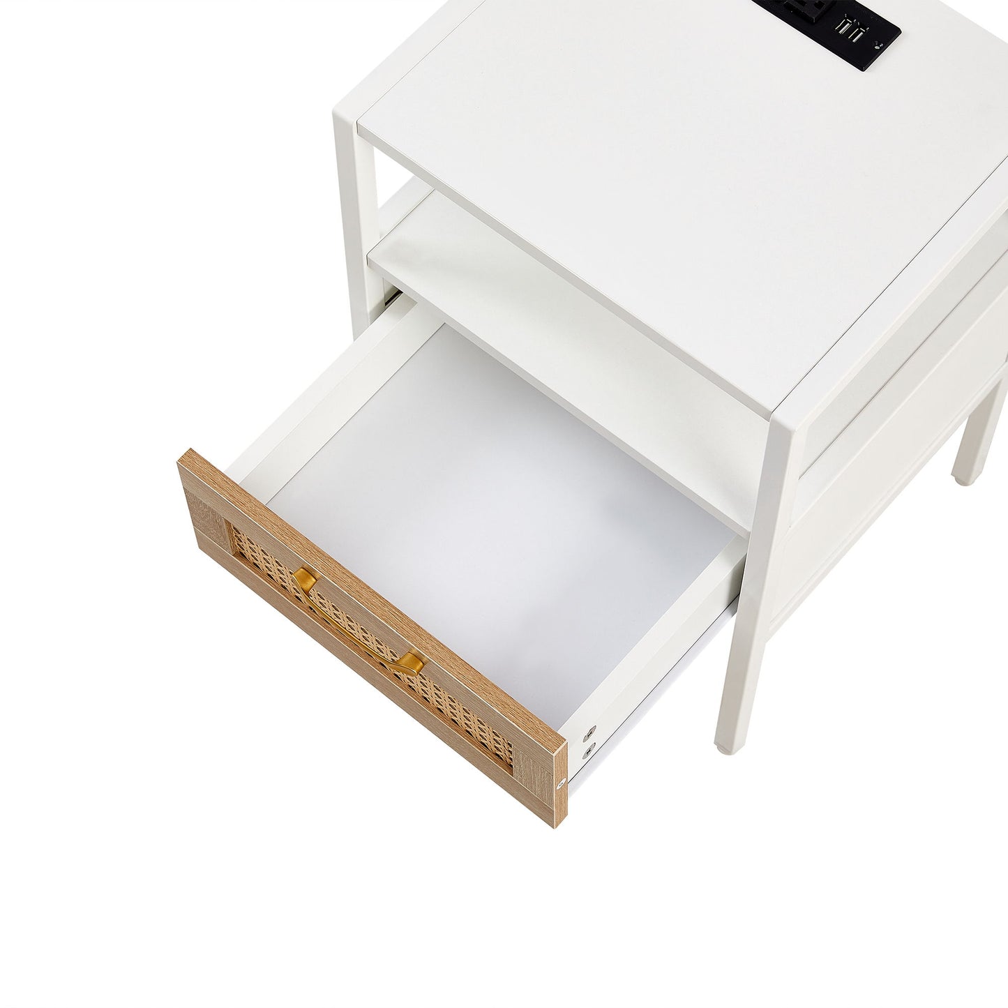 Rattan End Table With Power Outlet & USB Ports, Modern Nightstand With Drawer And Metal Legs, Side Table For Living Room, Bedroom (Set of 2) - White