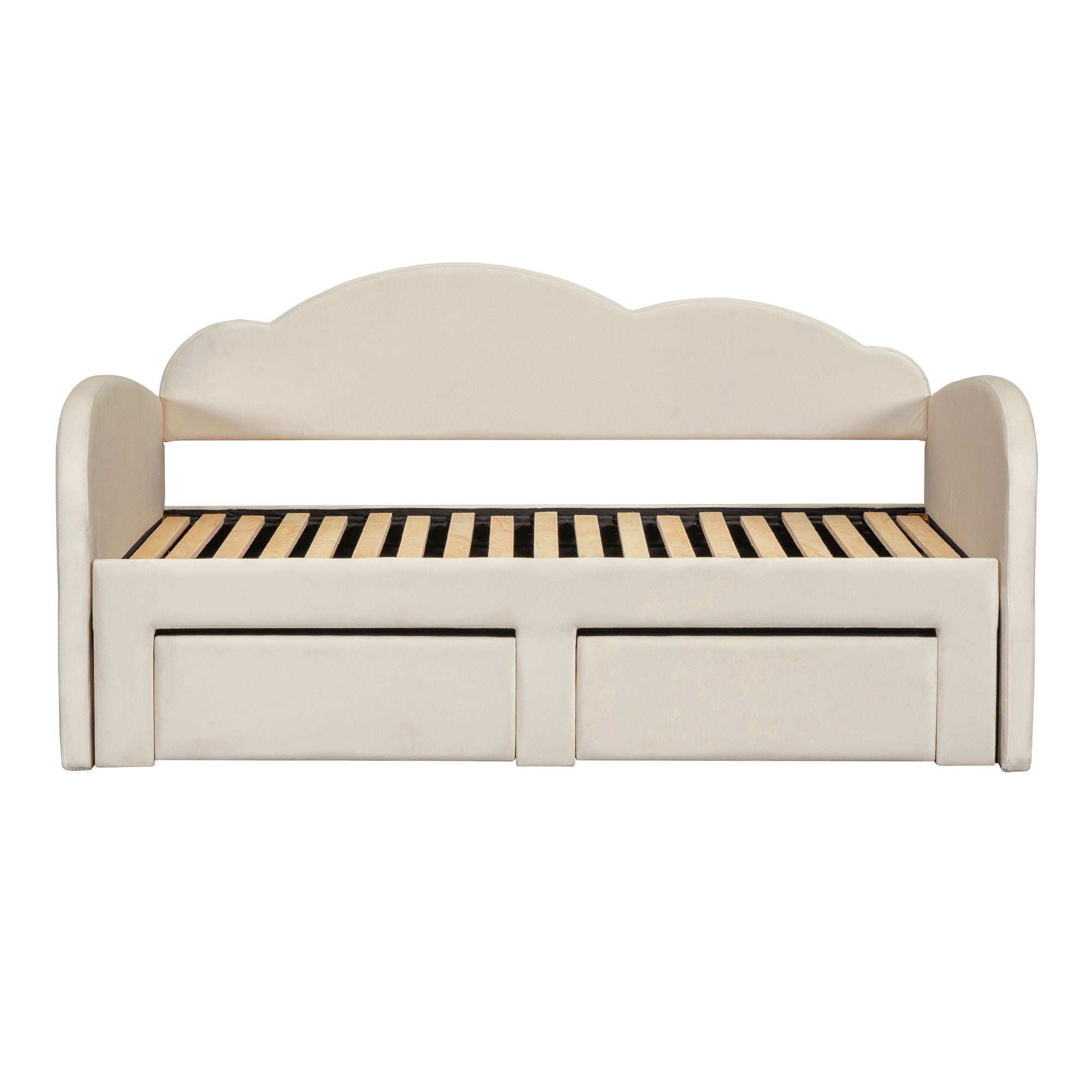 Twin Size Upholstered Daybed With Cloud-Shaped Backrest, Trundle & 2 Drawers And USB Ports - Beige