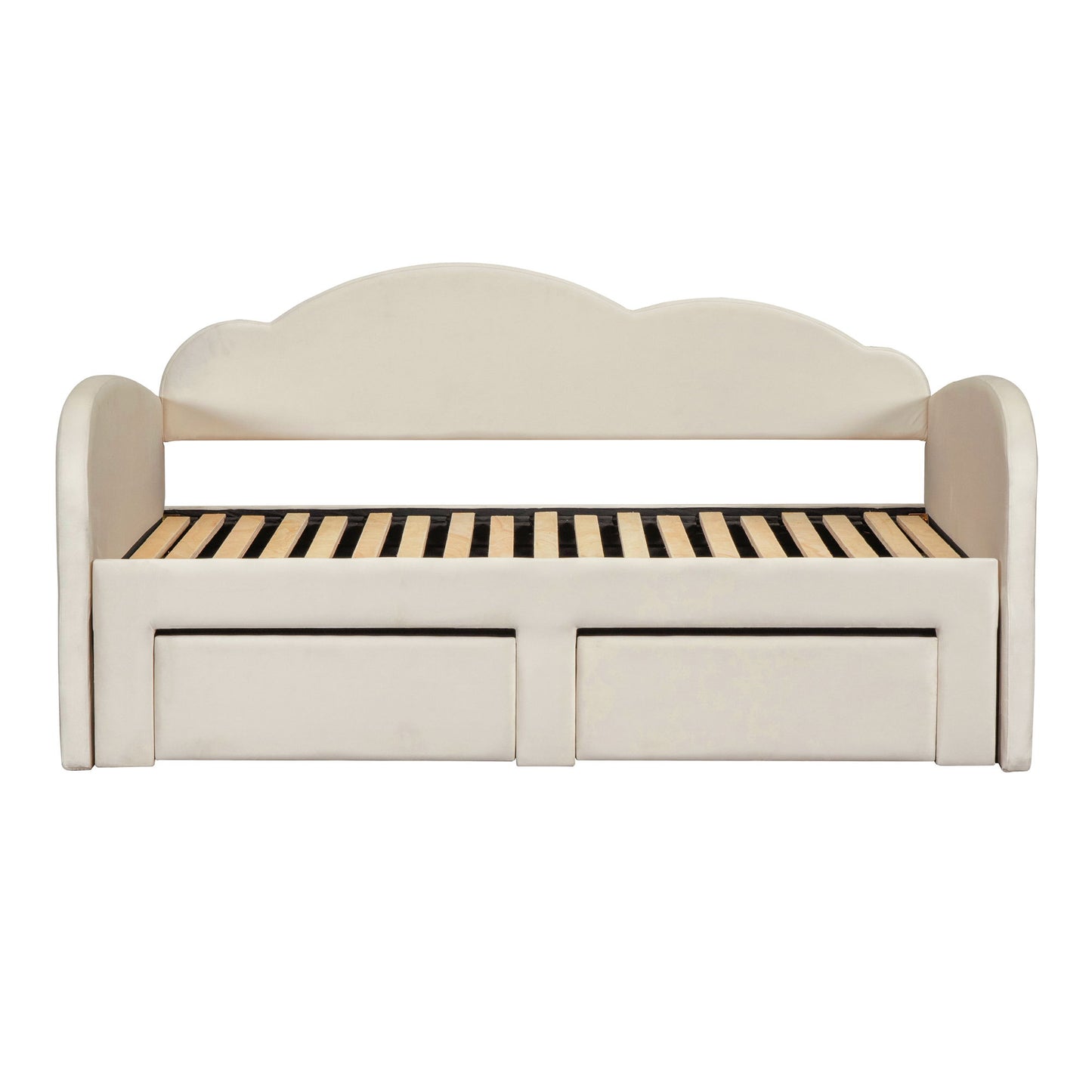 Twin Size Upholstered Daybed With Cloud-Shaped Backrest, Trundle & 2 Drawers And USB Ports - Beige