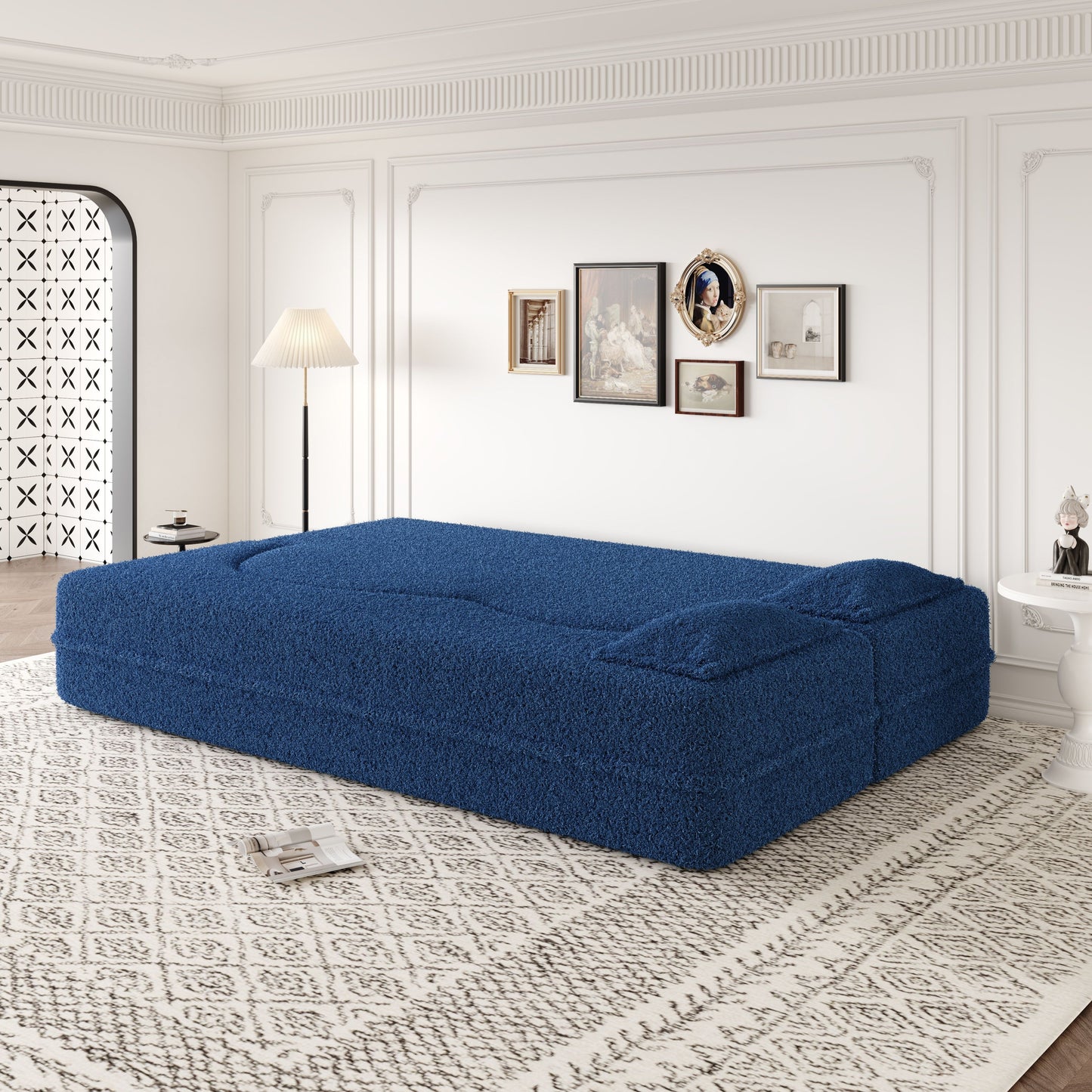 Modern Floor Sofa With 2 Pillows, Convertible Teddy Fabric Foam Filled Sleeper Sofa Bed, Full Size Folding Mattress For Living Room Guest Bed, Playroom, No Assembly Required - Blue