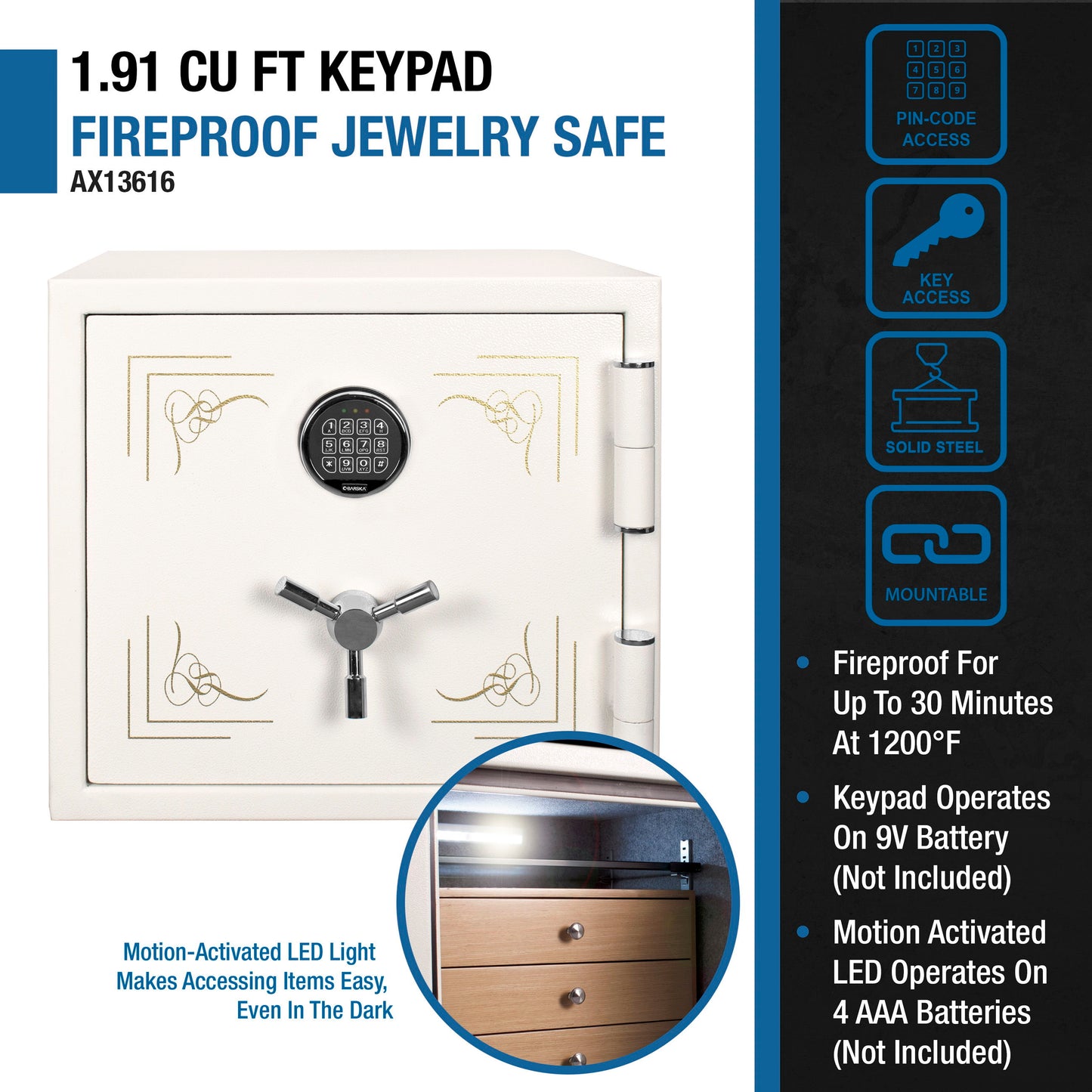 1.91 Cubic Ft Keypad Fireproof Jewelry Safe - White