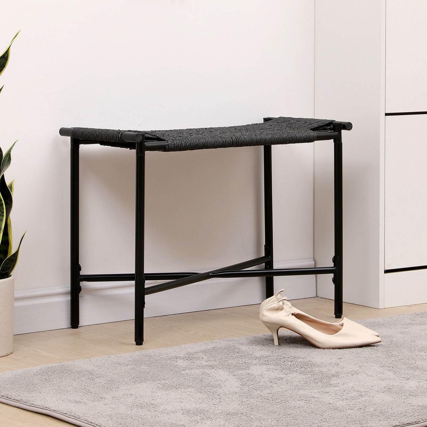 Handwoven Paper Rope Foot Rest Shoes Stools Ottomans For Entryway, Living Room, Bedroom & Office - Black