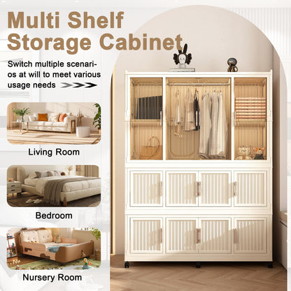 Portable Wardrobe Closet Storage Organizer With 12 Magnetic Doors, 12 Cubes & Hanging Rod - White