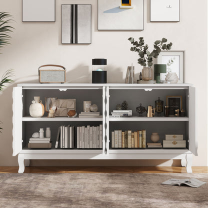 Elegant Sideboard With Sophisticated Wavy Pattern Doors And Arched Groove Design In A Stylish 4 Door Layout, Adjustable For Study, Entryway And Living Room - White