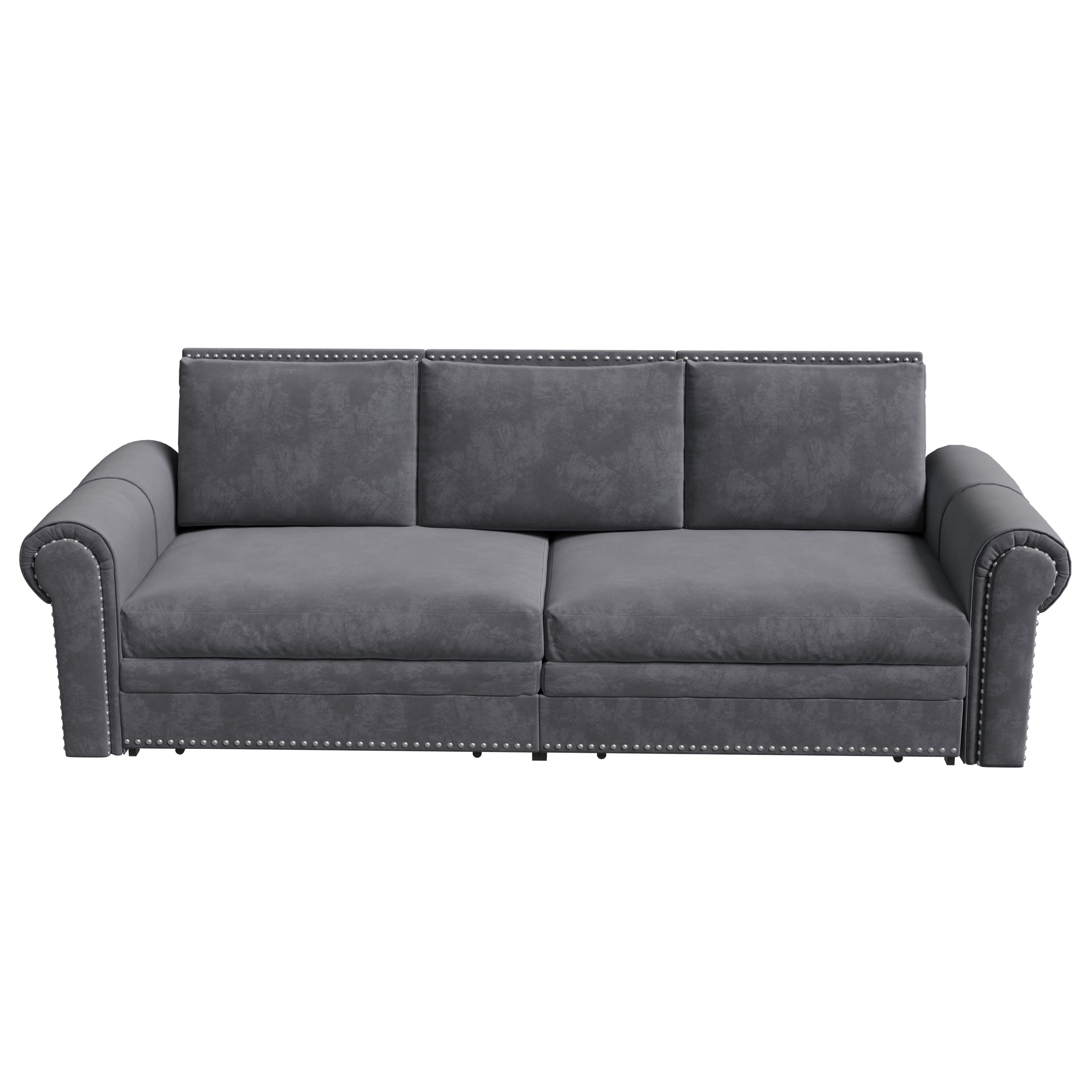 King Pull Out Sofa Bed, Chesterfield Sofa, 3 In 1 Velvet Convertible Sleeper Sofa With Nailhead Trim & Rolled Arm Multifunctional Sofa Bed For Living Room - Gray