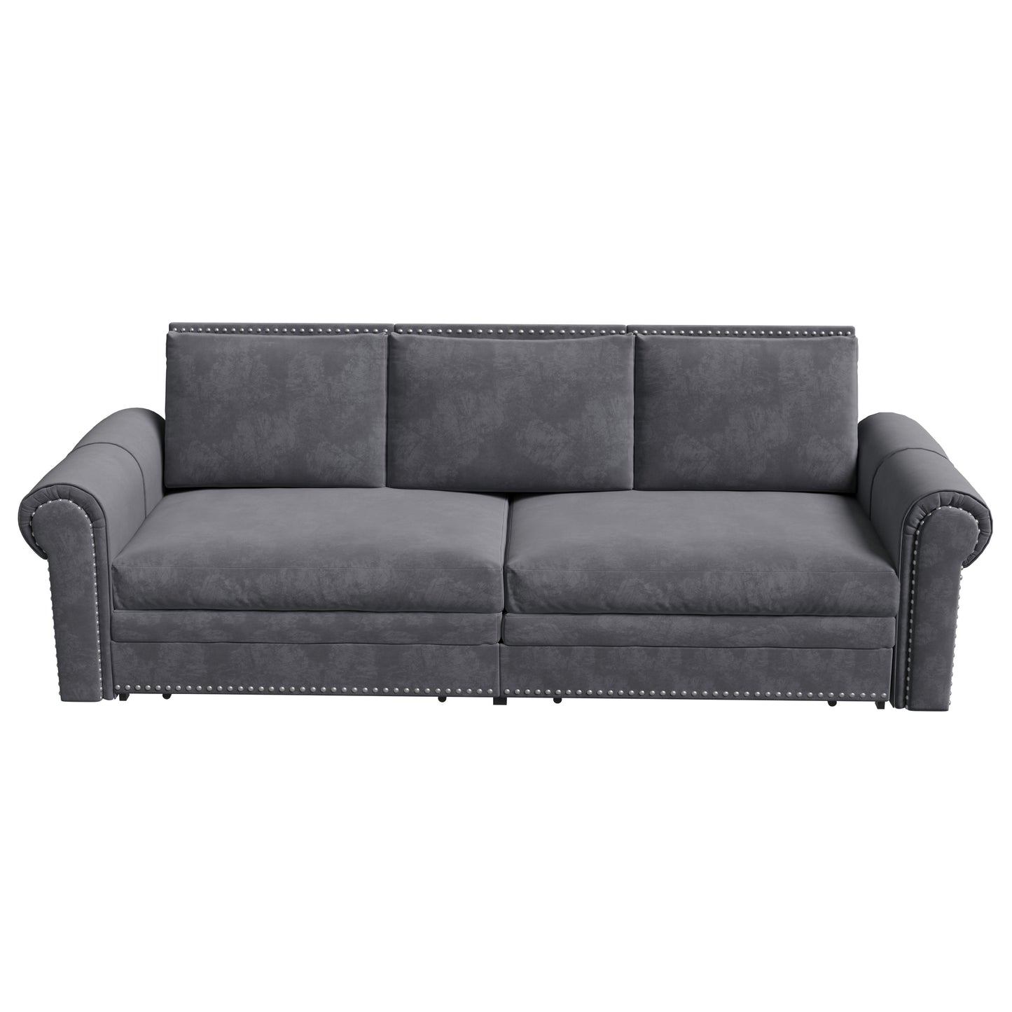 King Pull Out Sofa Bed, Chesterfield Sofa, 3 In 1 Velvet Convertible Sleeper Sofa With Nailhead Trim & Rolled Arm Multifunctional Sofa Bed For Living Room - Gray