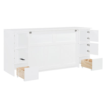 Full Size Murphy Bed With Drawers, Cabinets And USB Ports - White