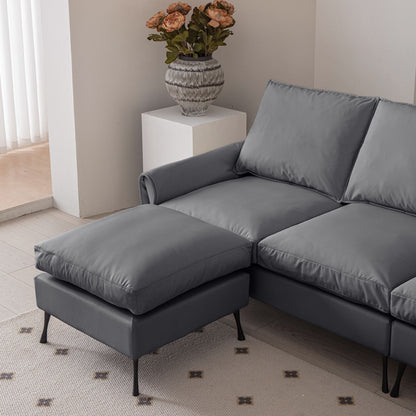 Modern Sectional Technical Leather L-Shaped Sofa Couch With Convertible Ottoman - Dark Gray