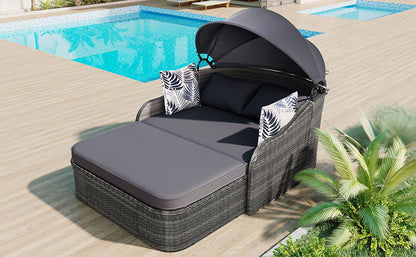 Outdoor Sunbed With Adjustable Canopy, Double Lounge, PE Rattan Daybed Wicker And Cushion - Gray