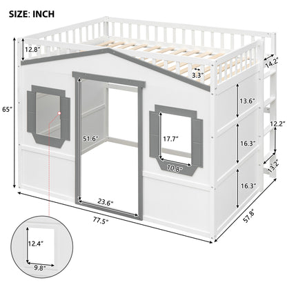 Full Size House Loft Bed With Ladder - White / Gray