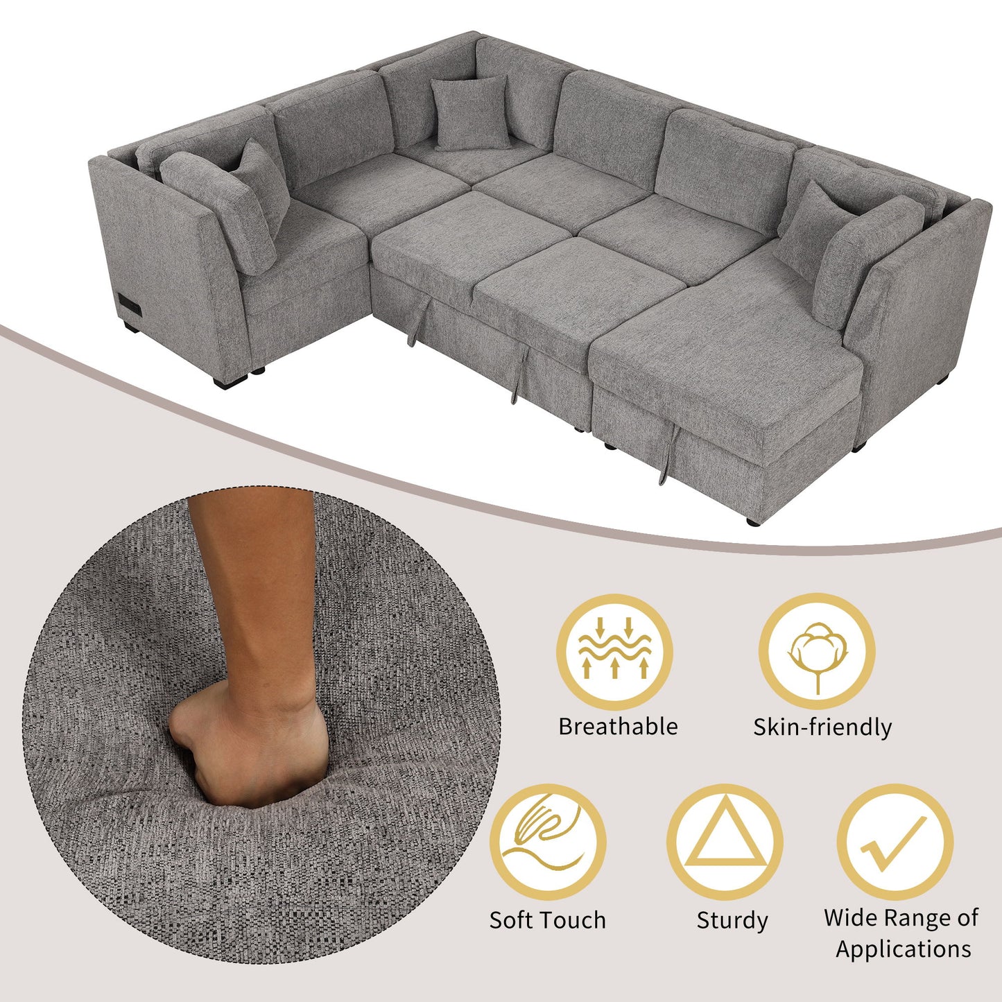 U-Shaped Sectional Sofa Pull Out Sofa Bed With Two USB Ports, Two Power Sockets, Three Back Pillows And A Storage Chaise For Living Room - Light Gray