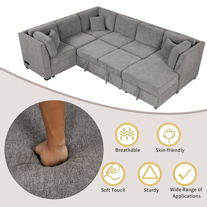 U-Shaped Sectional Sofa Pull Out Sofa Bed With Two USB Ports, Two Power Sockets, Three Back Pillows And A Storage Chaise For Living Room - Light Gray
