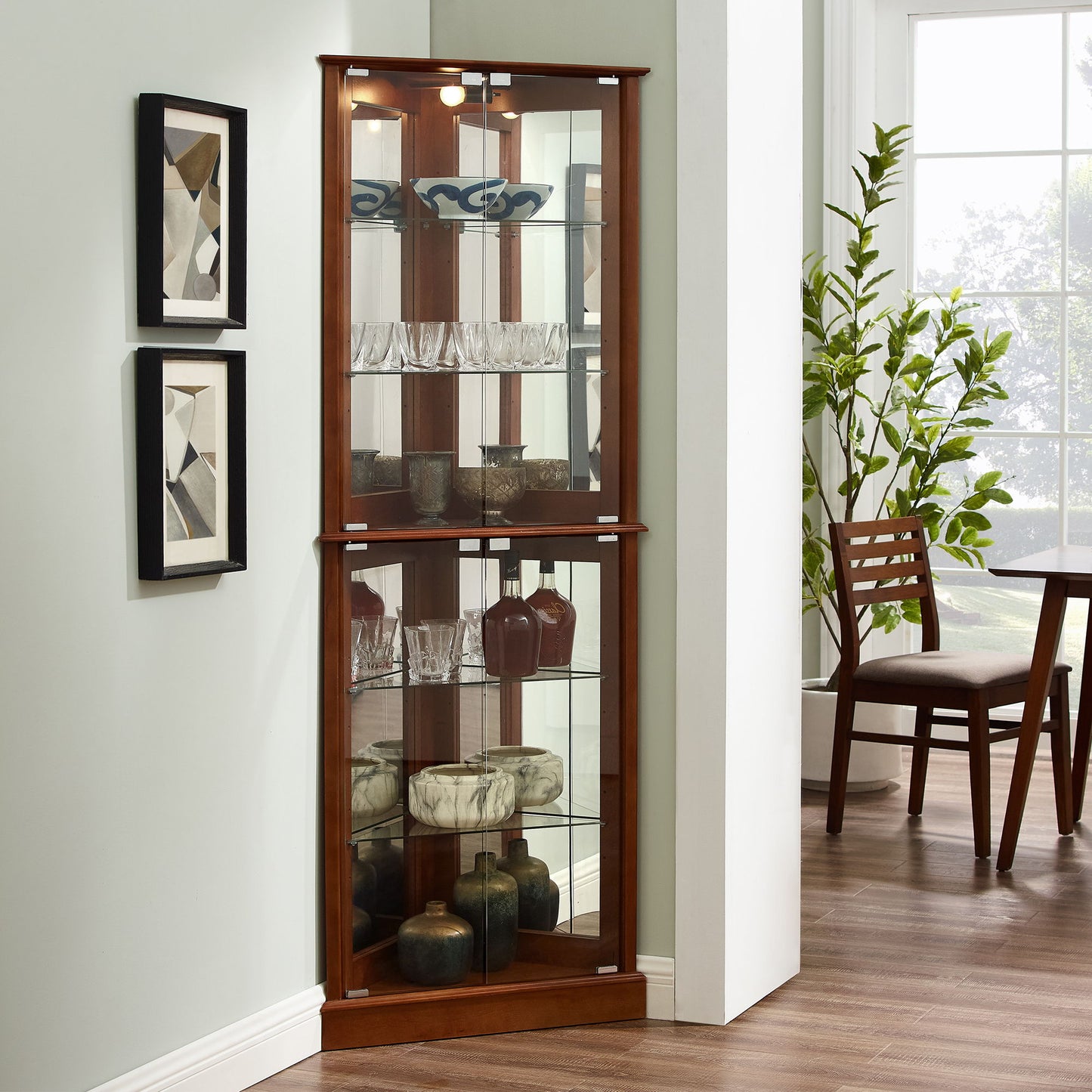 Corner Curio Dispaly Cabinet With Lights, Adjustable Tempered Glass Shelves, Mirrored Back (E26 Light Bulb Not Included) - Walnut